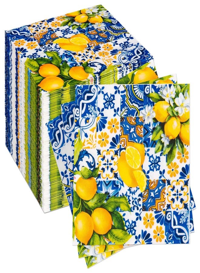 LSLYHTC 60Pcs Lemons Paper Napkins Blue Yellow Disposable Napkin Decorative Dinner and Luncheon Napkins Cocktail Napkin for Wedding Party Supplies and Table Decor - Image 1